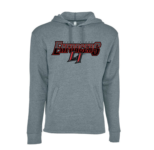 Enforcers Hockey | Wordmark Logo Numbered Hoodie (Heather Blue/Slate))